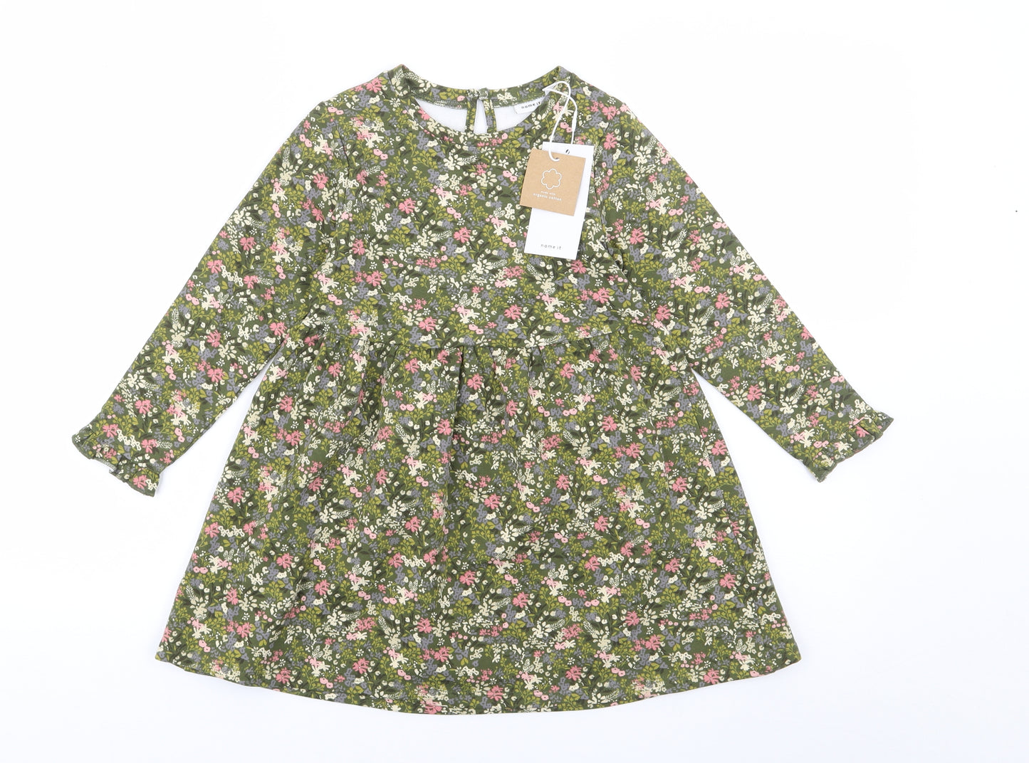 name it Girls Green Floral Cotton Fit & Flare  Size 5 Years  Crew Neck Pullover - Organic Cotton, Fleece Lined