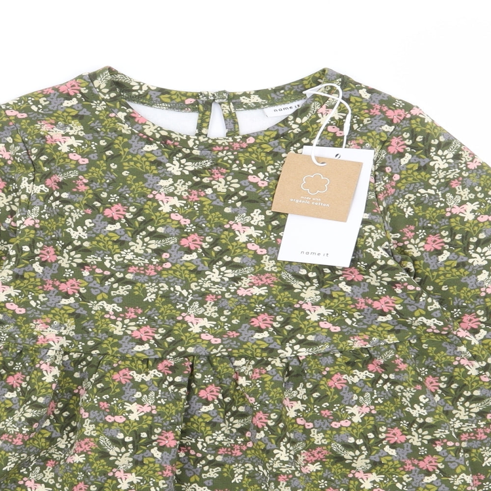 name it Girls Green Floral Cotton Fit & Flare  Size 5 Years  Crew Neck Pullover - Organic Cotton, Fleece Lined