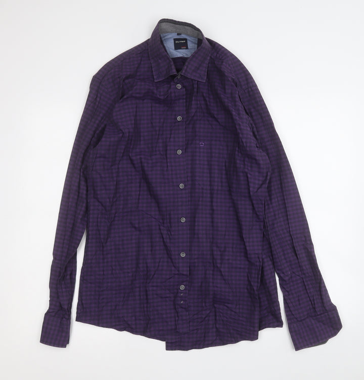 Olymp Mens Purple Plaid Cotton  Button-Up Size M Collared