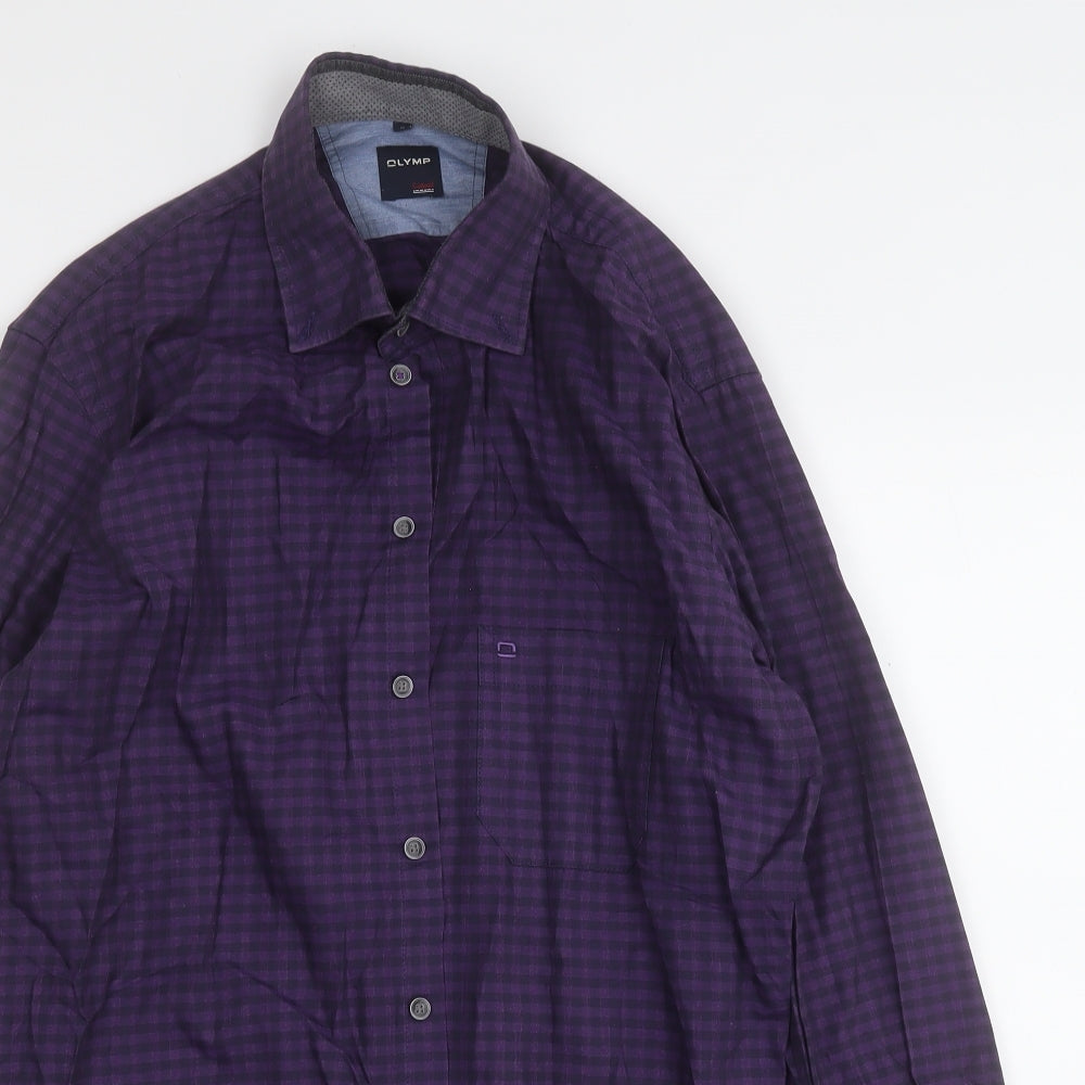 Olymp Mens Purple Plaid Cotton  Button-Up Size M Collared
