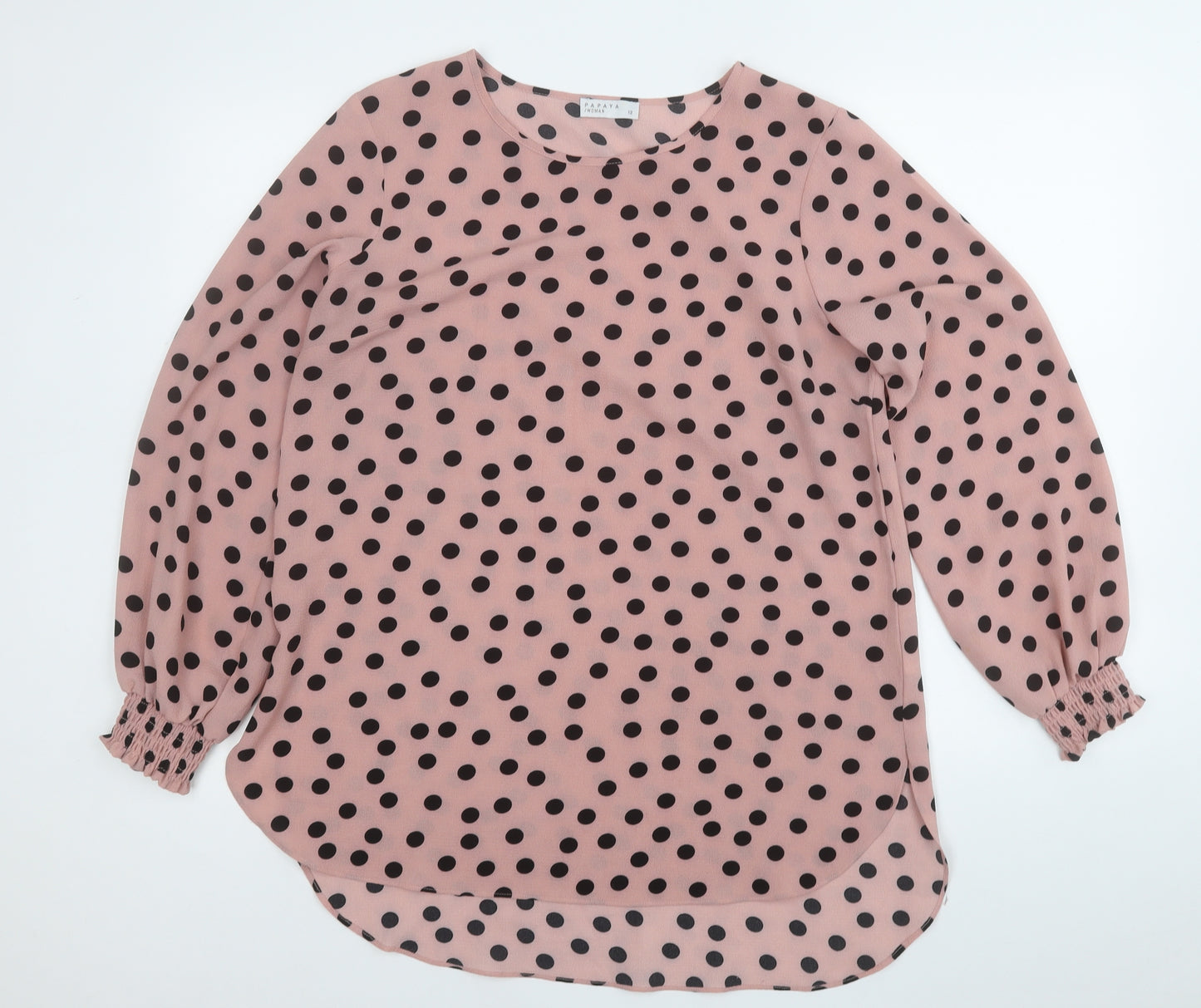 Papaya Womens Pink Polka Dot Polyester Basic Blouse Size 12 Round Neck