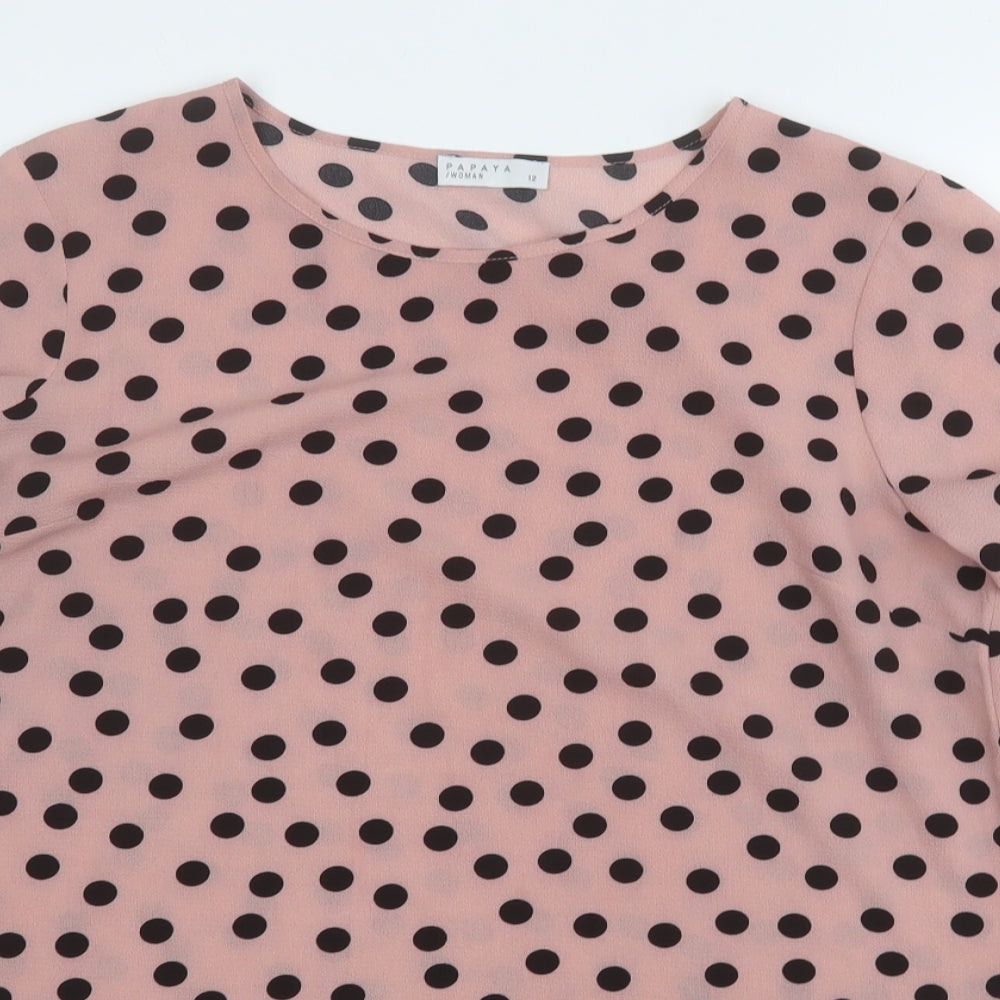 Papaya Womens Pink Polka Dot Polyester Basic Blouse Size 12 Round Neck