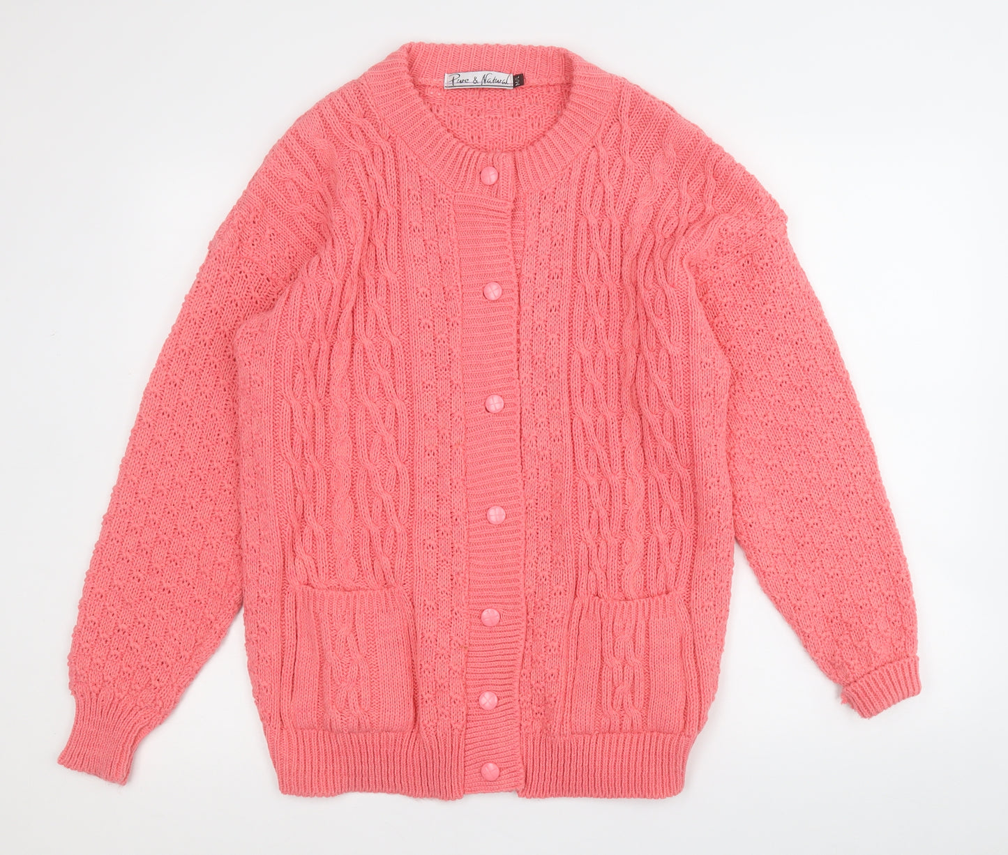 pure and natural Womens Pink Round Neck  Acrylic Cardigan Jumper Size M