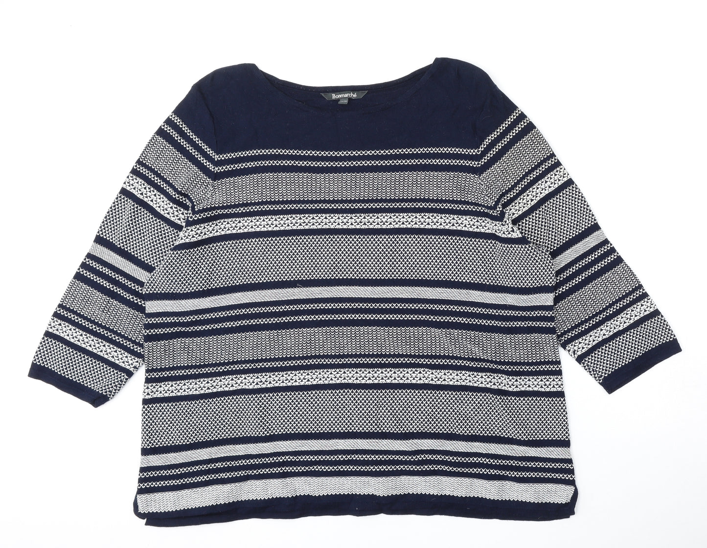 Bonmarche Womens Blue Round Neck Geometric Cotton Pullover Jumper Size 24