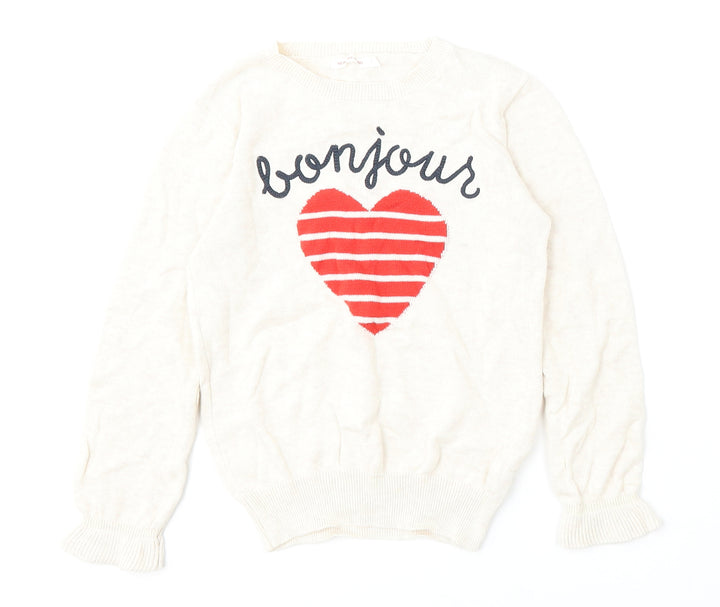 Monoprix Girls Beige Round Neck Cotton Pullover Jumper Size 8 Years - Bonjour Love Heart
