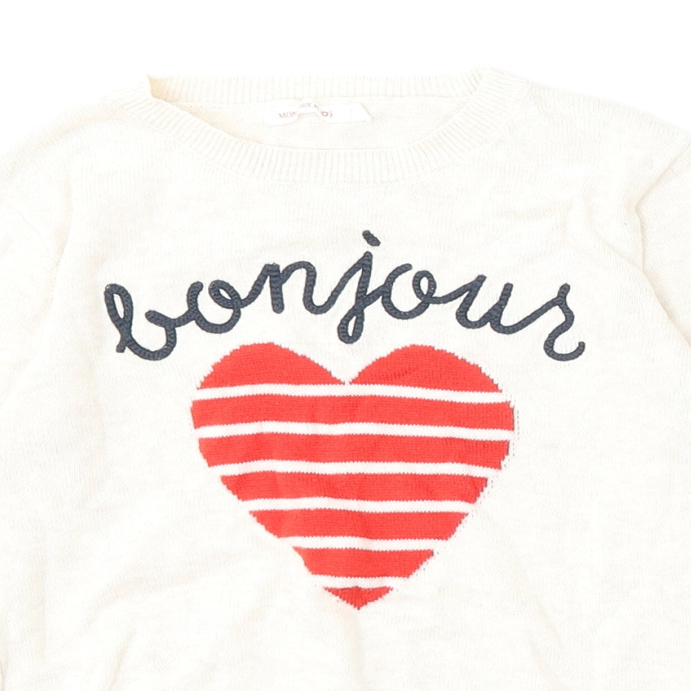 Monoprix Girls Beige Round Neck  Cotton Pullover Jumper Size 8 Years   - Bonjour Love Heart