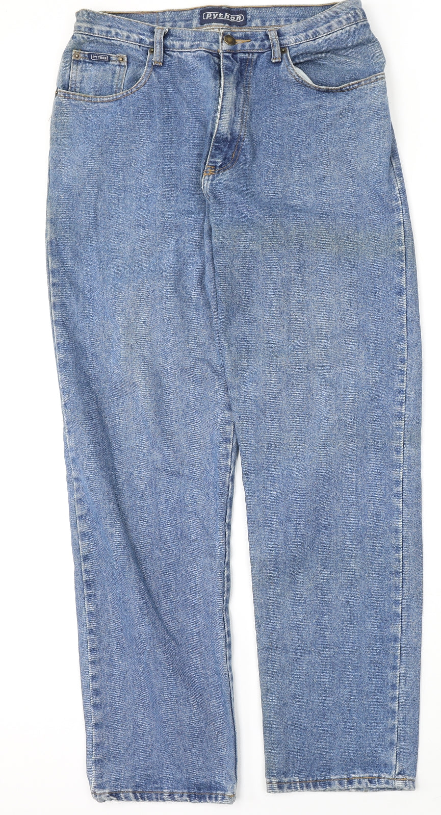 Python Mens Blue  Cotton Straight Jeans Size 34 L33 in Regular Button