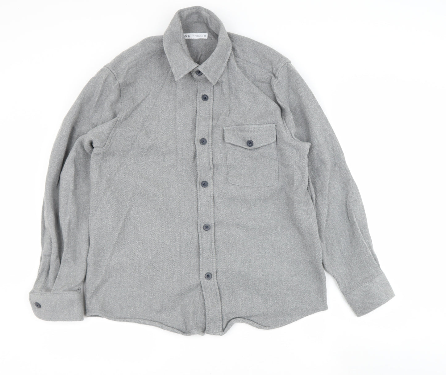 Zara Womens Grey  Cotton Basic Button-Up Size XL Collared