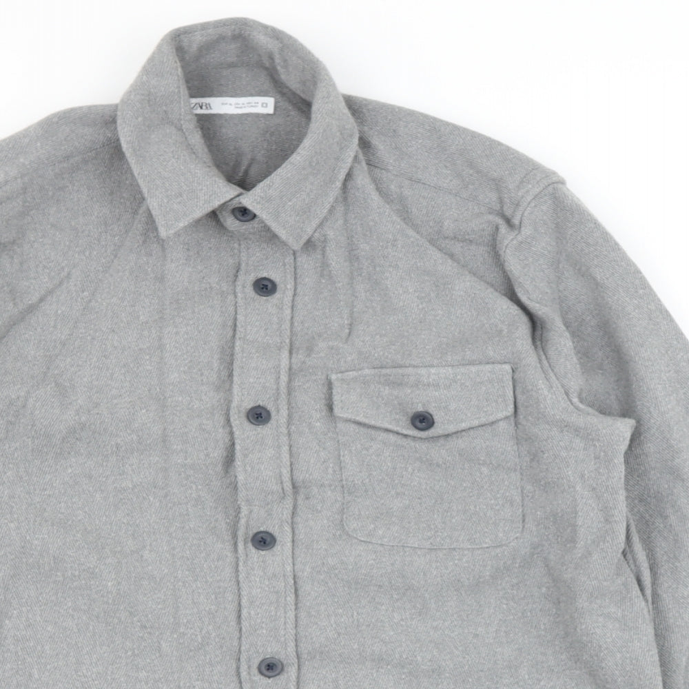 Zara Womens Grey  Cotton Basic Button-Up Size XL Collared