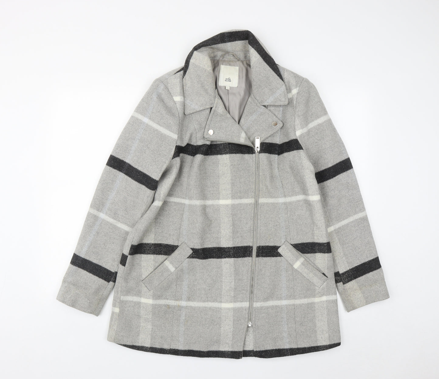 River Island Womens Grey Plaid  Pea Coat Coat Size 12  Zip