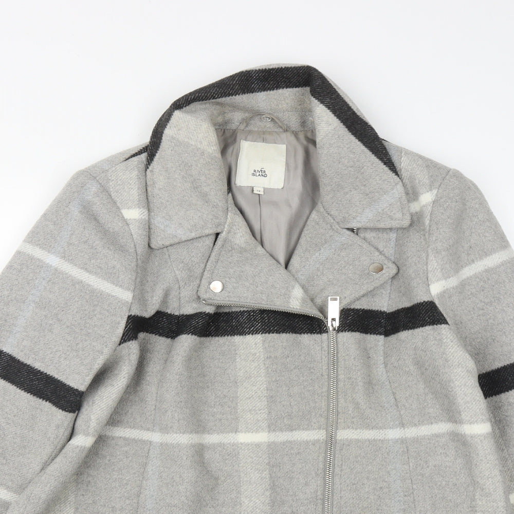 River Island Womens Grey Plaid  Pea Coat Coat Size 12  Zip