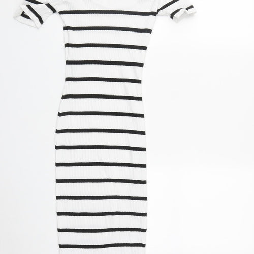 River Island Womens White Striped Cotton Bodycon  Size 6  Round Neck