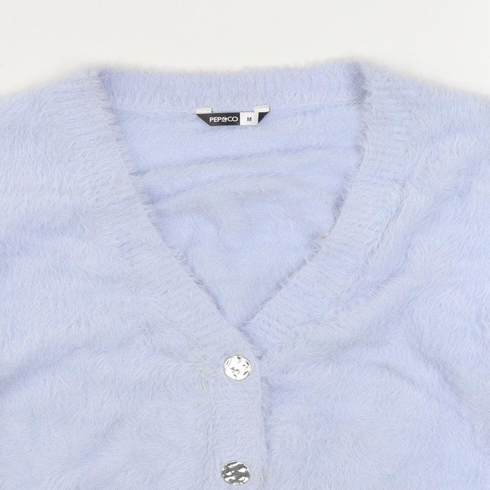 Pep&Co Womens Blue V-Neck  Nylon Cardigan Jumper Size M
