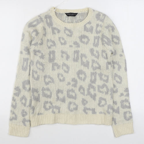 Dorothy Perkins Womens White Round Neck Animal Print Acrylic Pullover Jumper Size 8