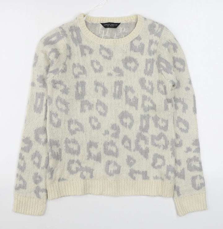 Dorothy Perkins Womens White Round Neck Animal Print Acrylic Pullover Jumper Size 8
