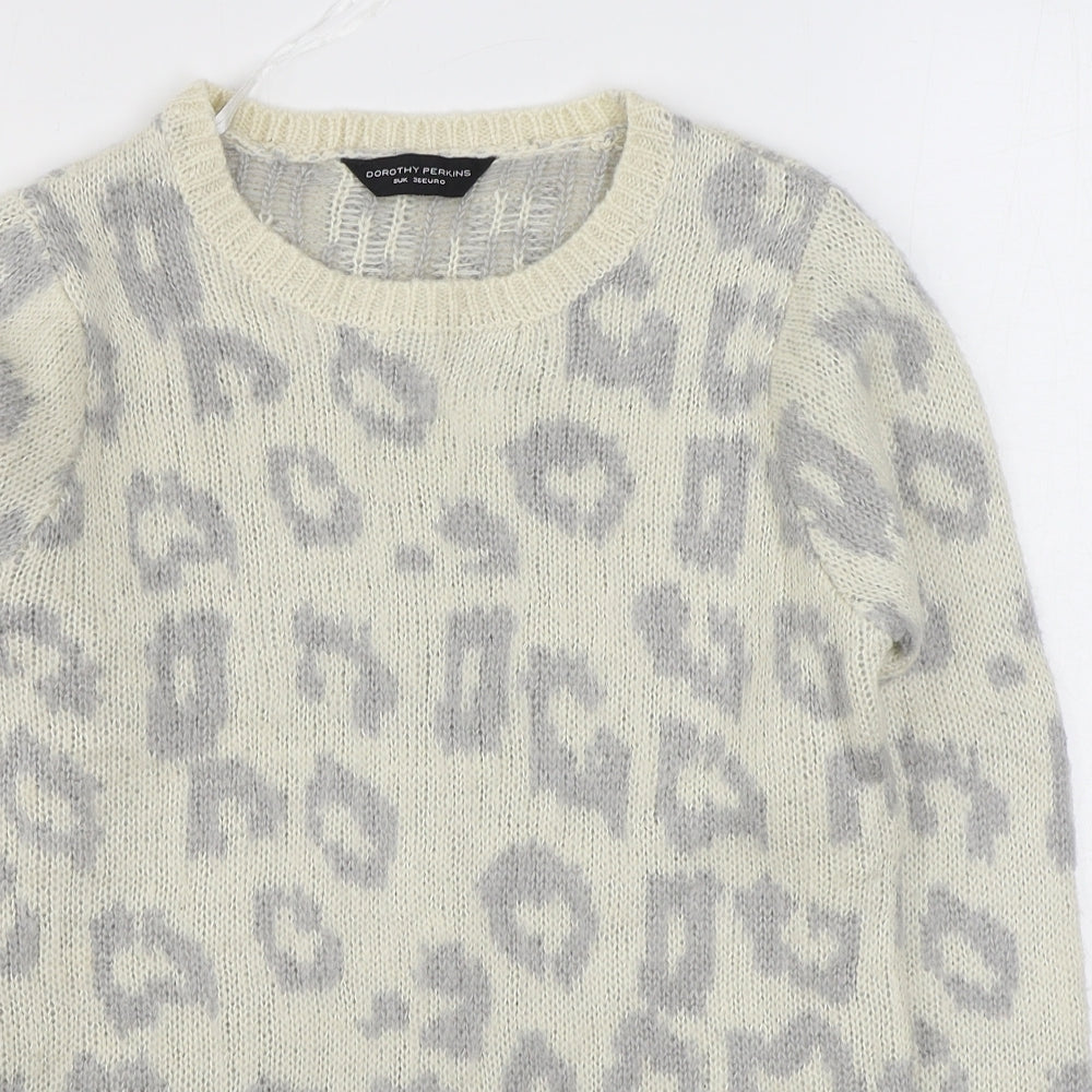 Dorothy Perkins Womens White Round Neck Animal Print Acrylic Pullover Jumper Size 8