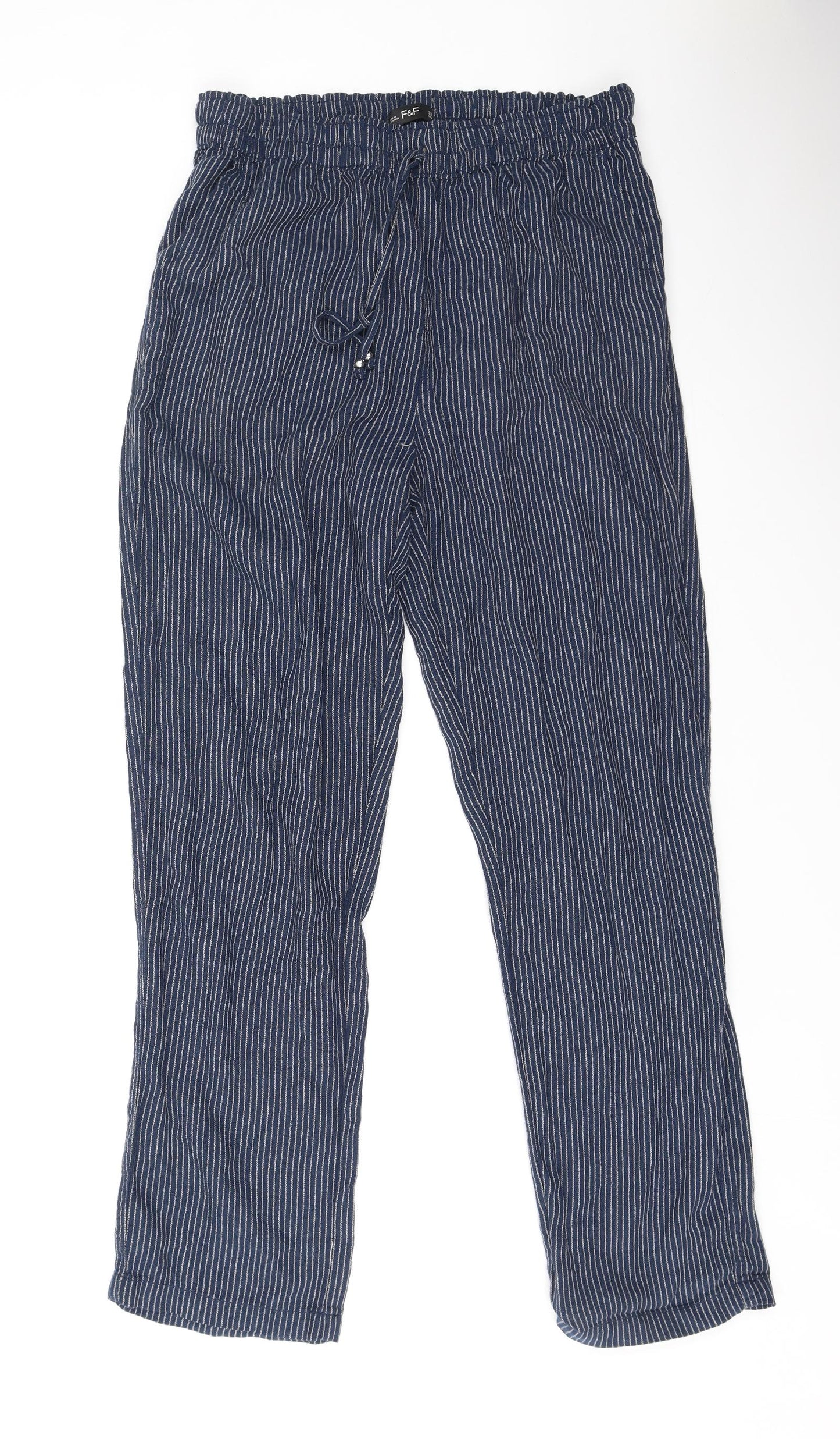 F&F Womens Blue Striped Linen Jogger Trousers Size 12 L29 in Regular
