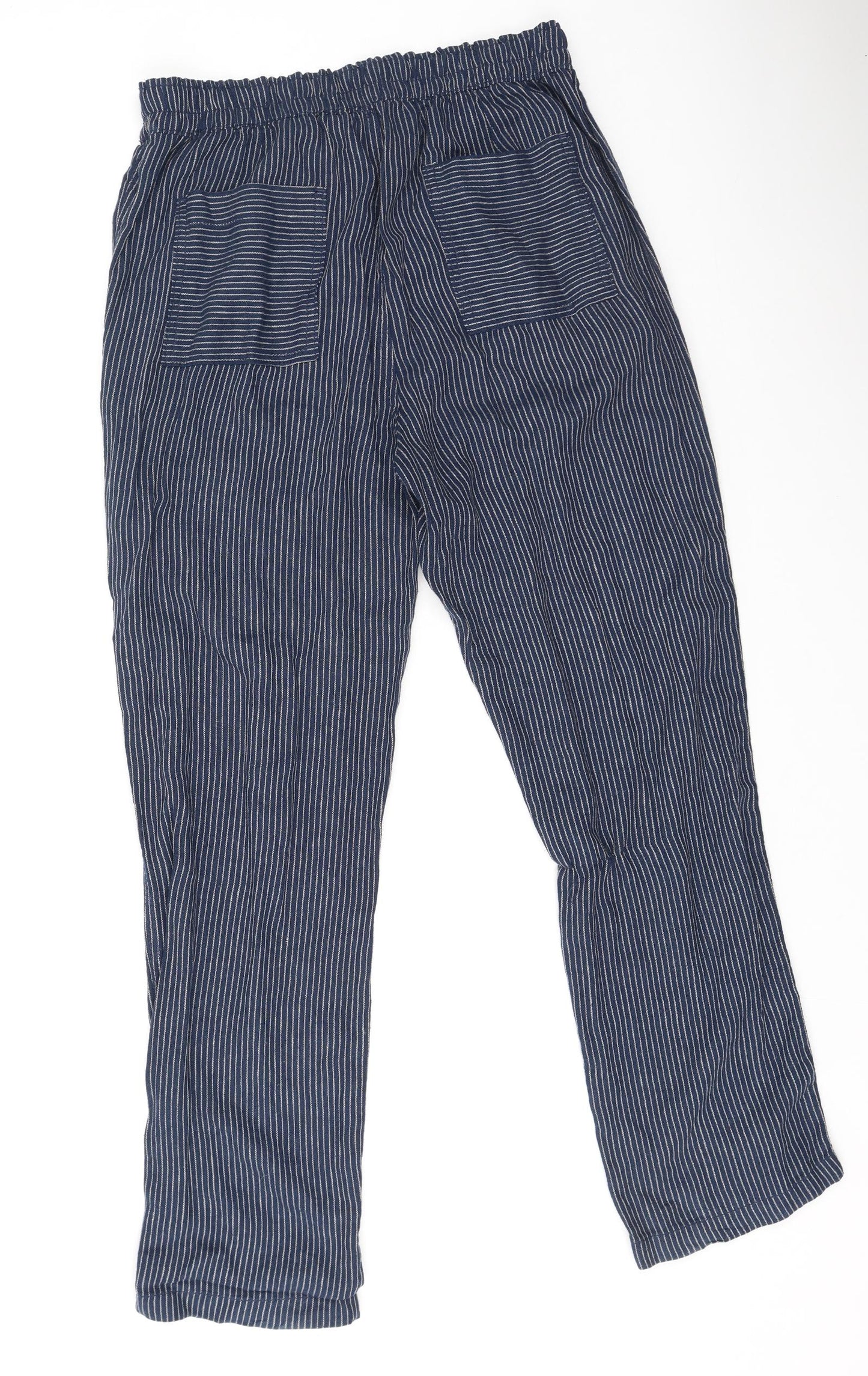 F&F Womens Blue Striped Linen Jogger Trousers Size 12 L29 in Regular