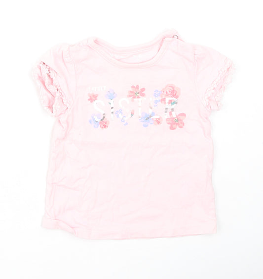 Front view of Nutmeg girls’ pink floral cotton basic casual, size 3-6, months round neck