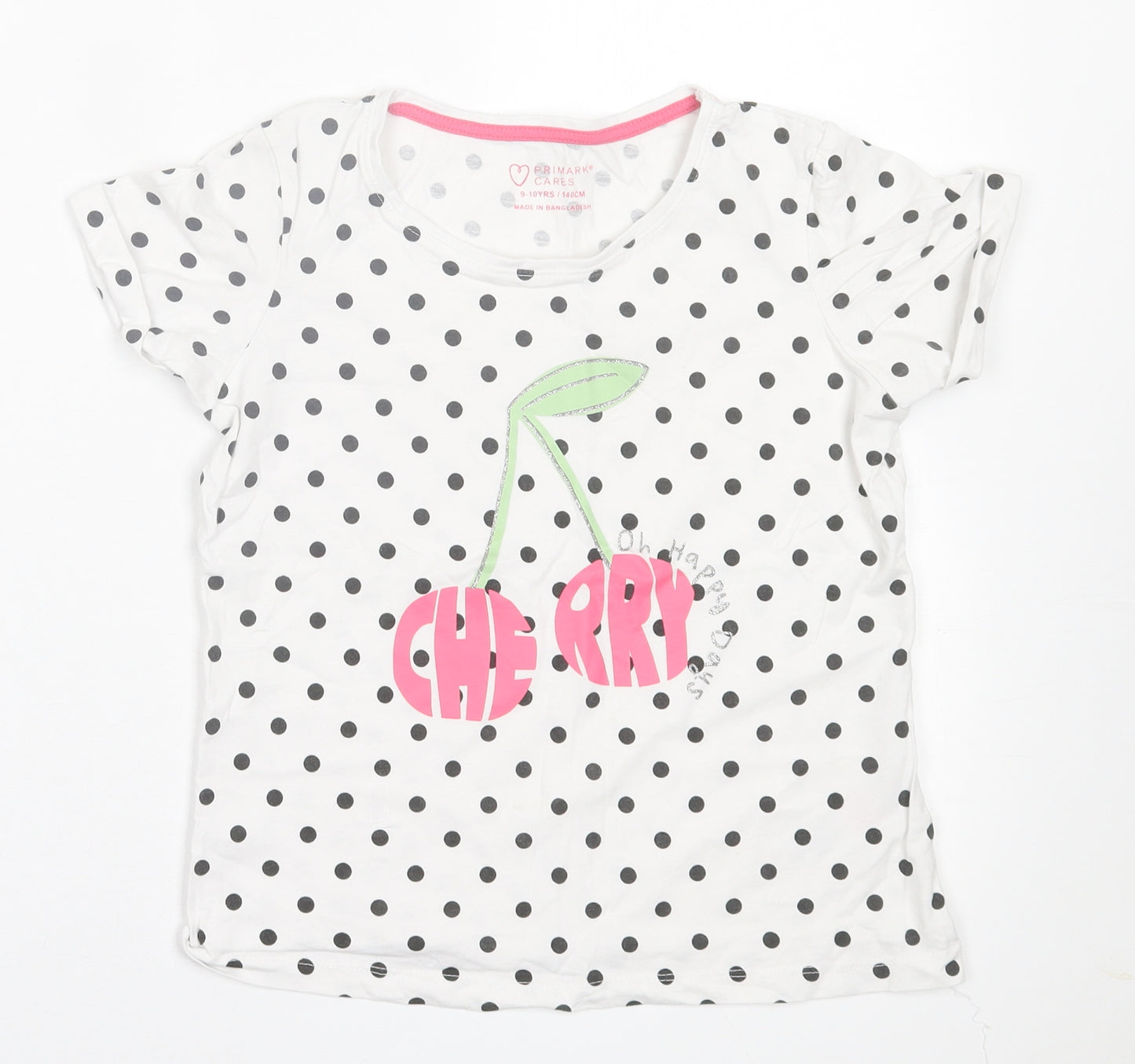 Primark Girls White Polka Dot Cotton Basic T-Shirt Size 9-10 Years Crew Neck Pullover
