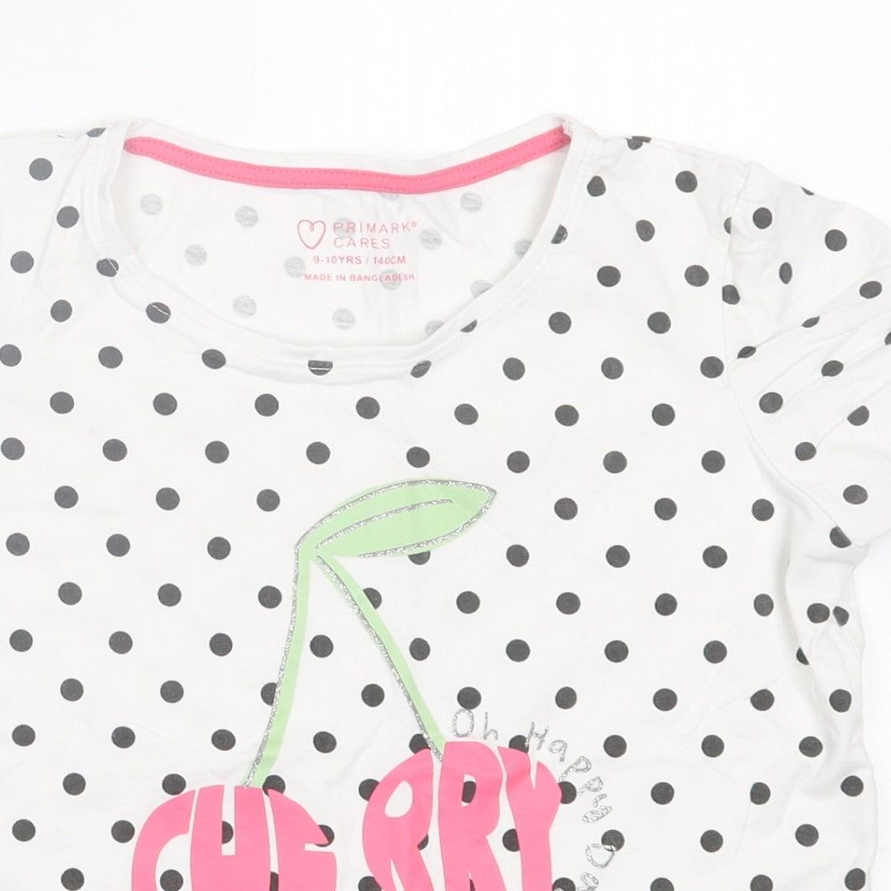 Primark Girls White Polka Dot Cotton Basic T-Shirt Size 9-10 Years Crew Neck Pullover