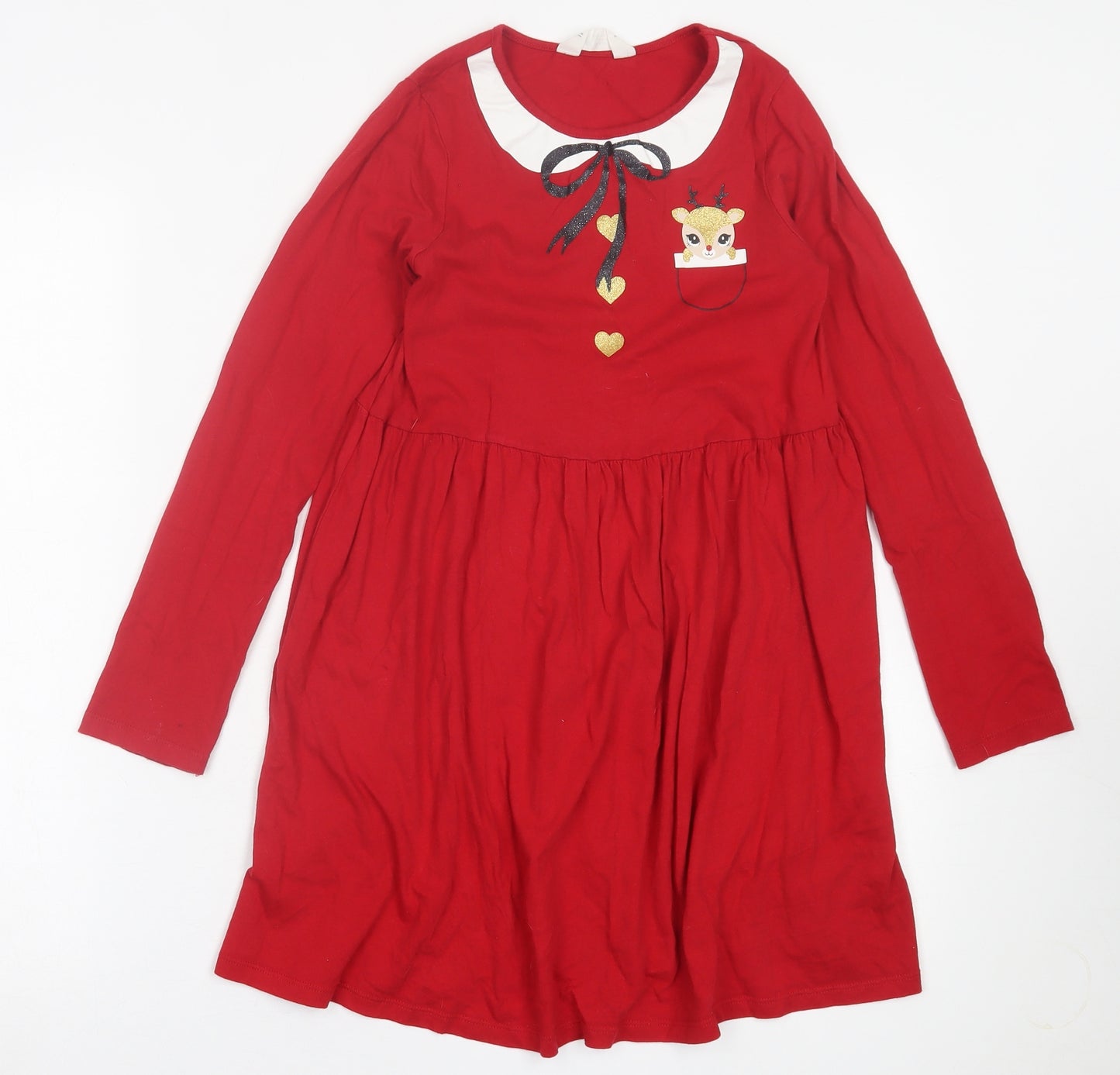 H&M Girls Red  Cotton A-Line  Size 9-10 Years  Crew Neck Pullover - Christmas Print