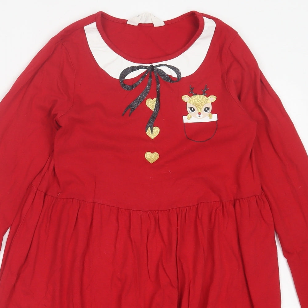 H&M Girls Red  Cotton A-Line  Size 9-10 Years  Crew Neck Pullover - Christmas Print