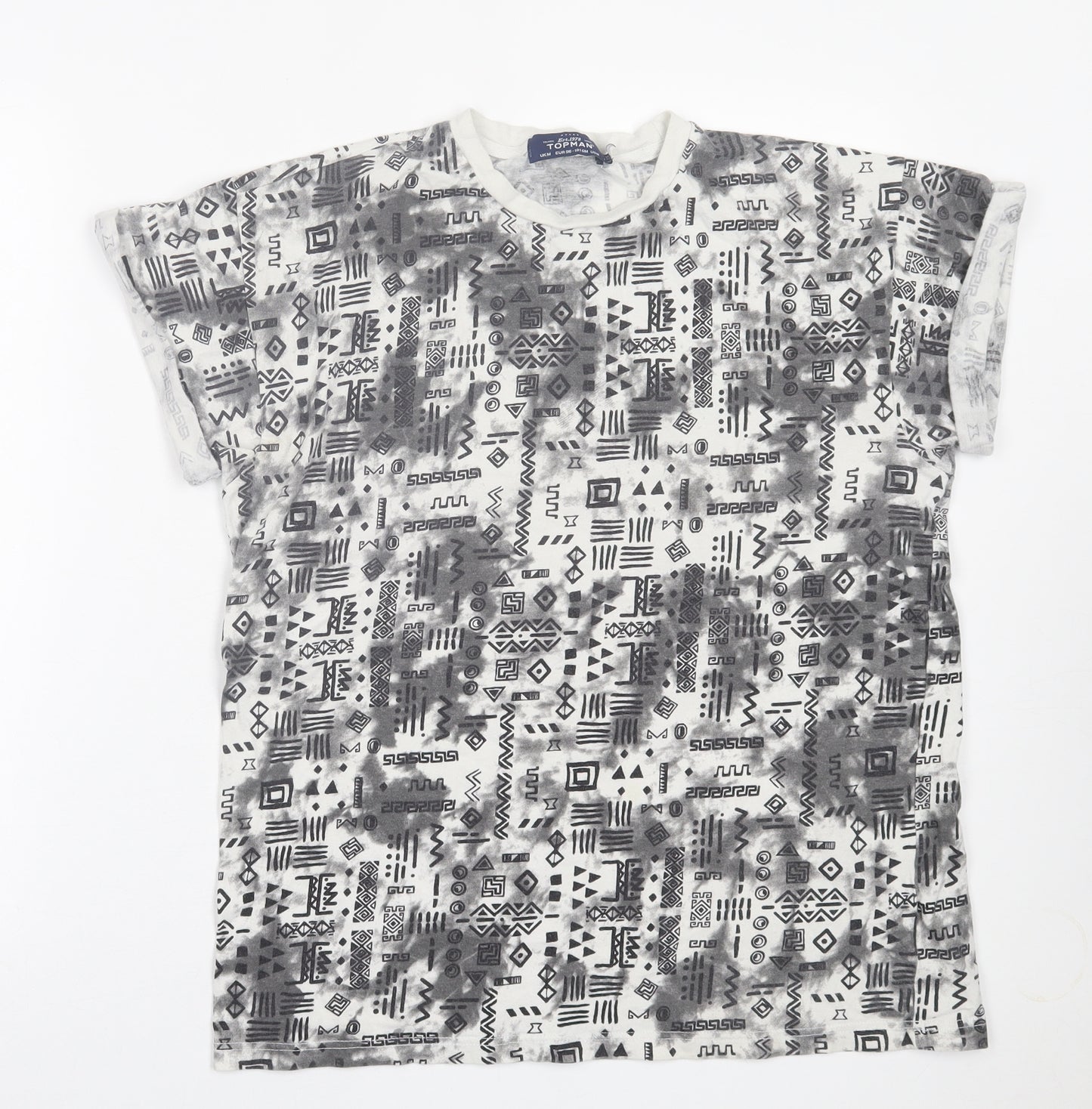 Topman Mens Grey Geometric Cotton  T-Shirt Size M Crew Neck
