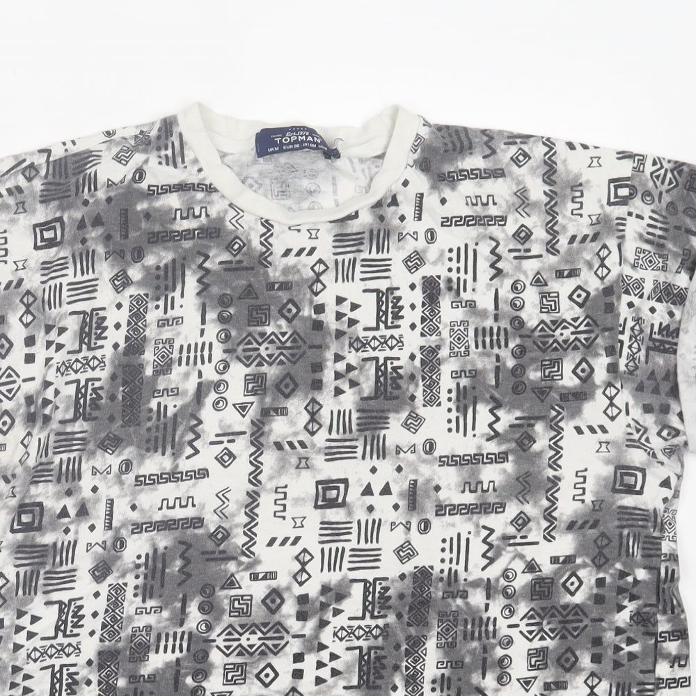 Topman Mens Grey Geometric Cotton  T-Shirt Size M Crew Neck