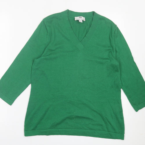 Peter Hahn Womens Green V-Neck  Cotton Pullover Jumper Size 14