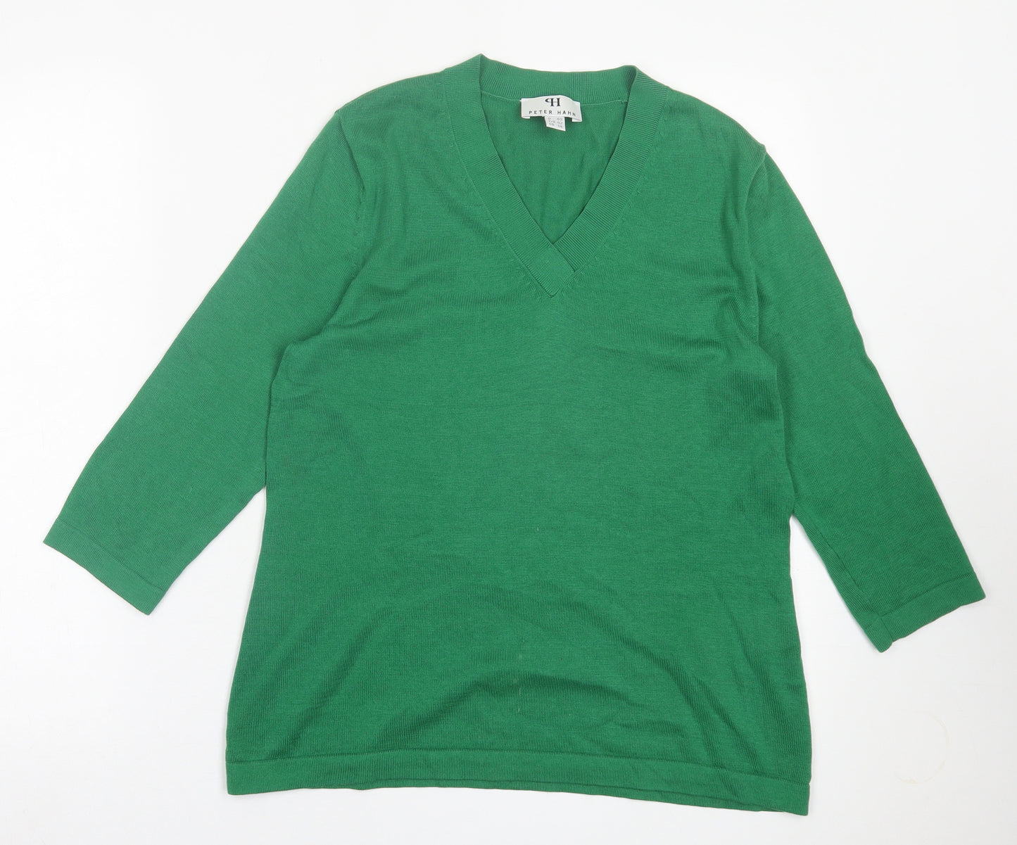 Peter Hahn Womens Green V-Neck  Cotton Pullover Jumper Size 14