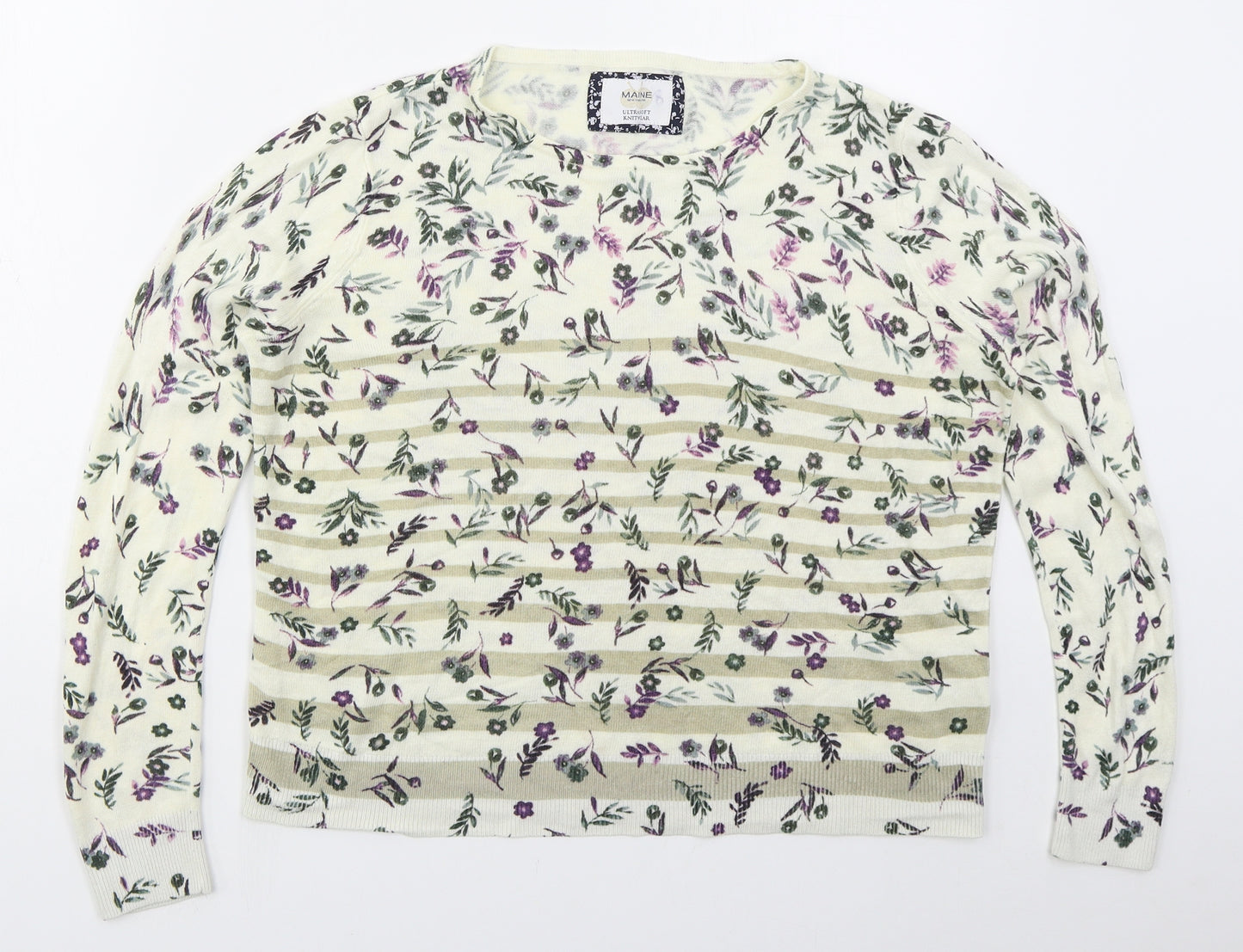 Maine Womens Beige Round Neck Floral Acrylic Pullover Jumper Size 16