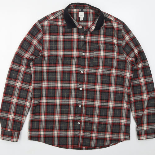 River Island Mens Grey Check Polyester  Button-Up Size L Collared Button - Red