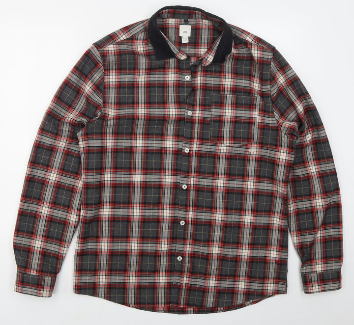 River Island Mens Grey Check Polyester Button-Up Size L Collared Button - Red