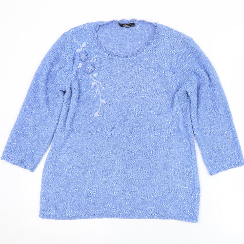 BM Womens Blue Round Neck Floral Polyester Pullover Jumper Size S