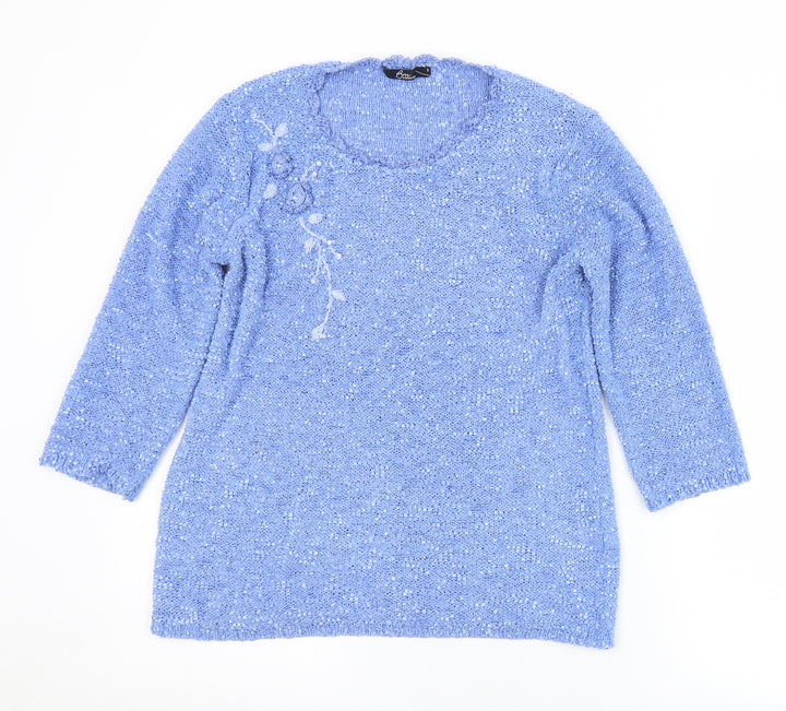 BM Womens Blue Round Neck Floral Polyester Pullover Jumper Size S