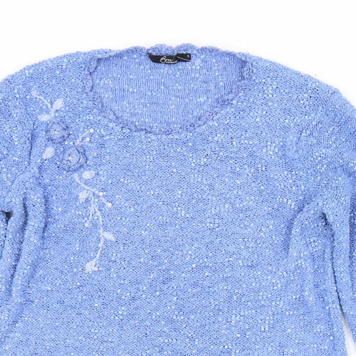 BM Womens Blue Round Neck Floral Polyester Pullover Jumper Size S