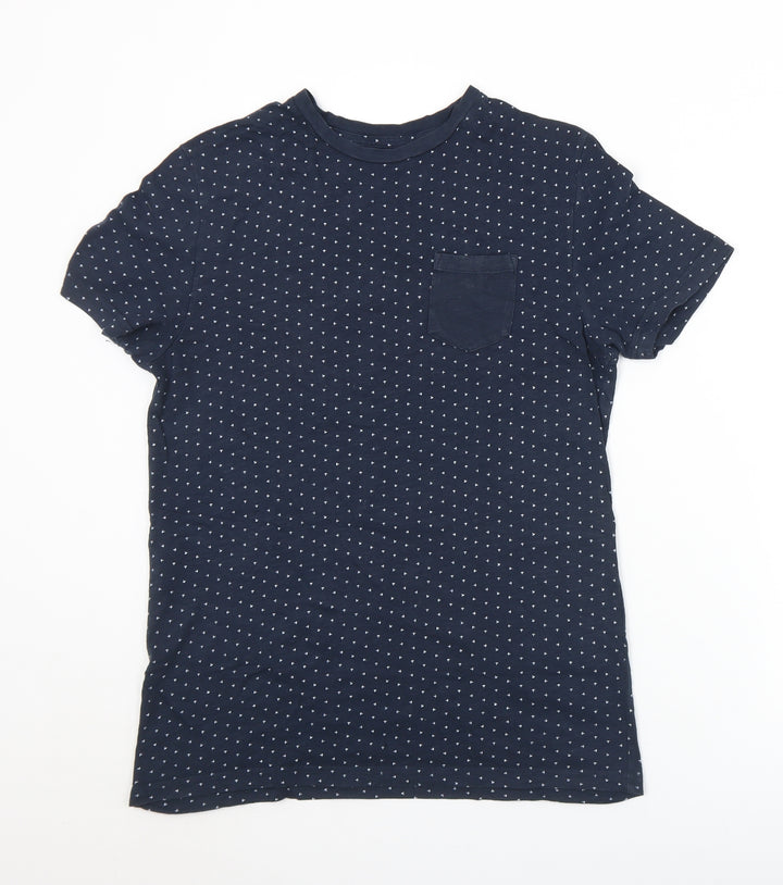 Celio Mens Blue Geometric Polyester  T-Shirt Size S Crew Neck