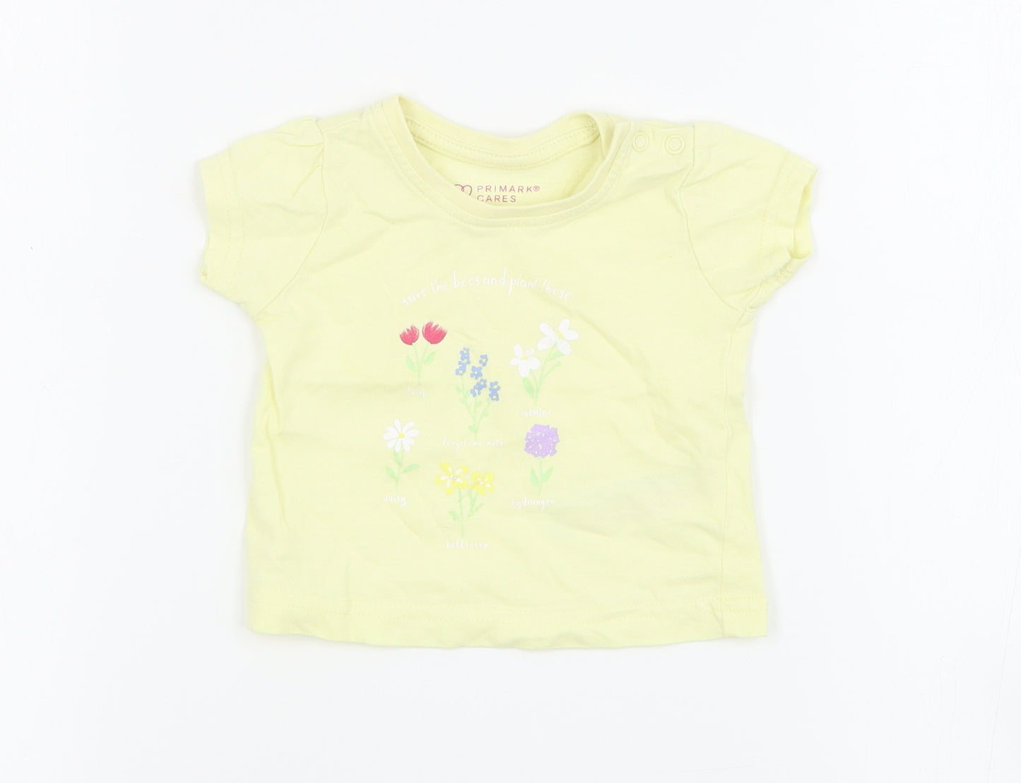 Primark Baby Yellow  Cotton Pullover T-Shirt Size 0-3 Months Crew Neck Snap
