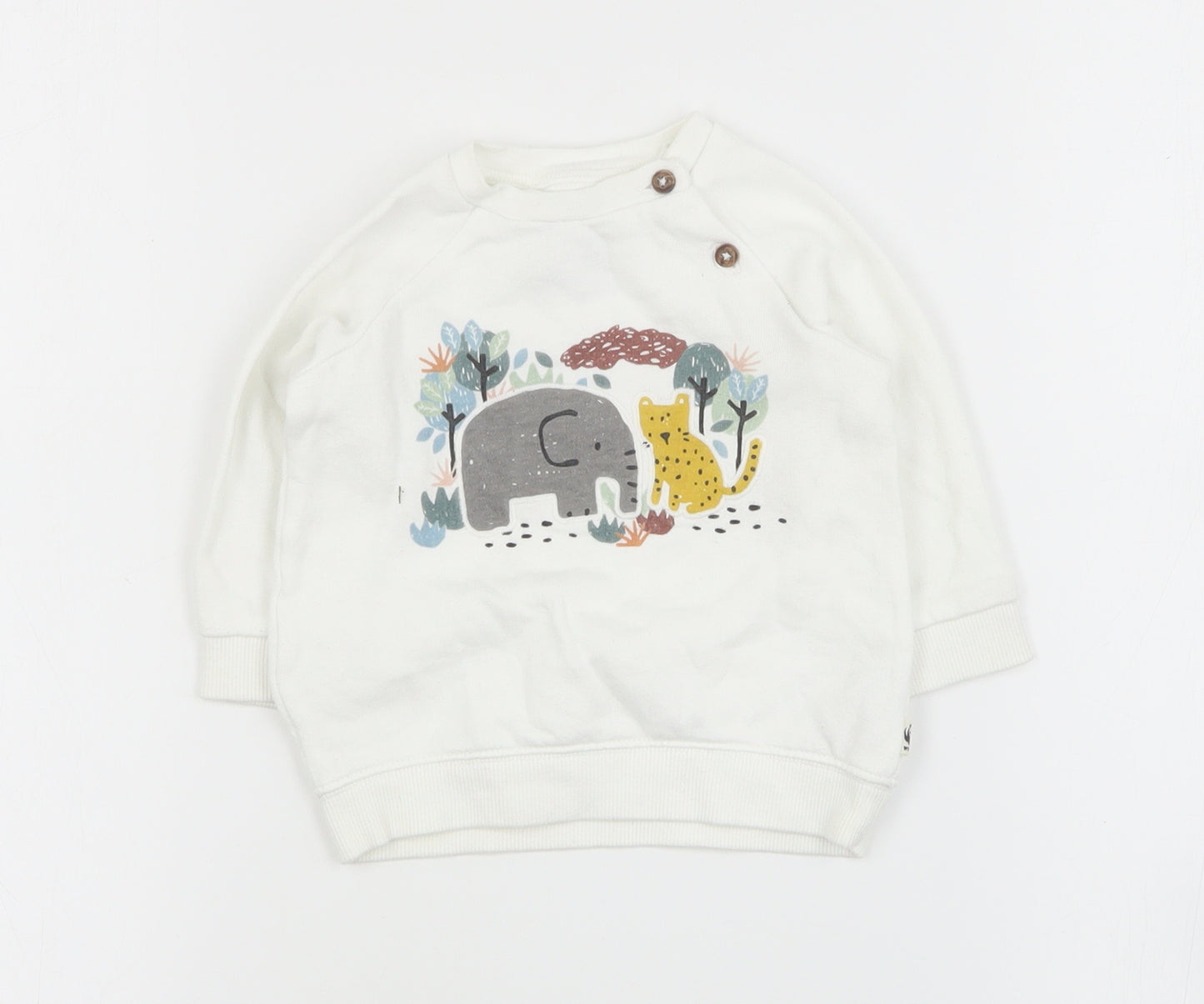 F&F Baby White  Cotton Pullover Jumper Size 3-6 Months  Button - Zoo Animals