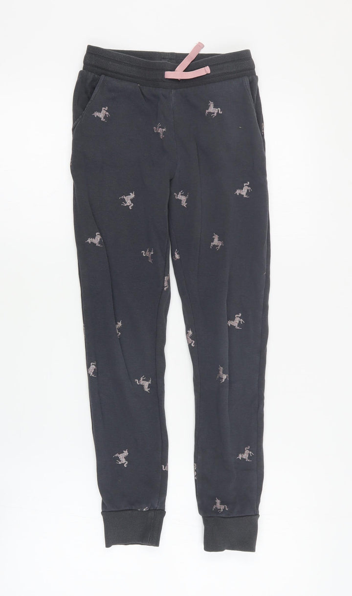 H&M Girls Grey Geometric Cotton Jogger Trousers Size 9 Months  Regular Drawstring - Unicorn