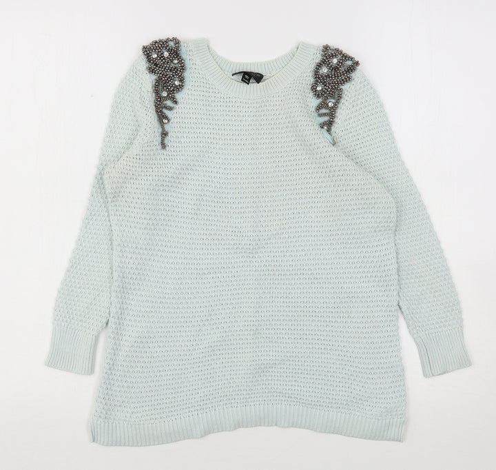 Topshop Womens Green Round Neck  Cotton Pullover Jumper Size 6