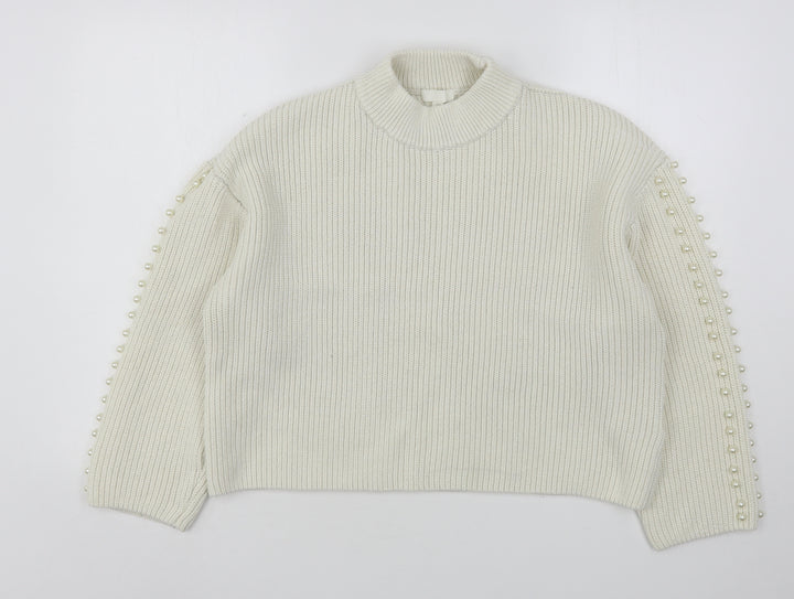 H&M Womens Beige High Neck Polyester Pullover Jumper Size M