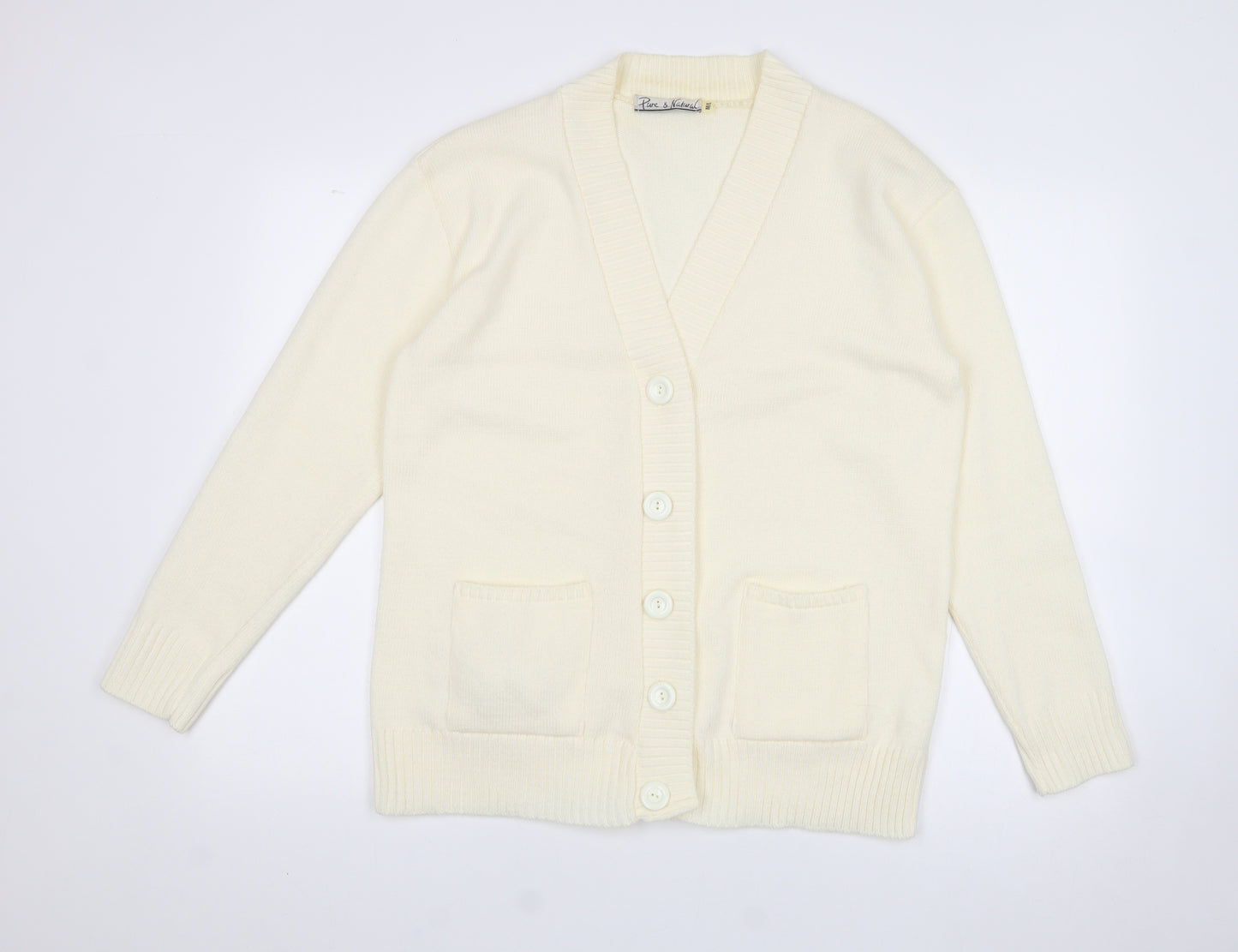 pure & natural Womens White V-Neck  Acrylic Cardigan Jumper Size L   - Size M-L
