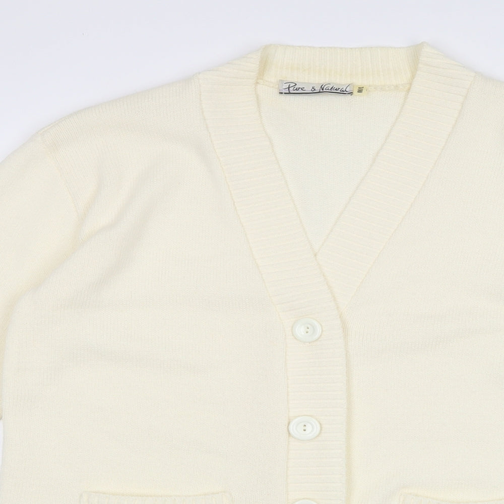 pure & natural Womens White V-Neck  Acrylic Cardigan Jumper Size L   - Size M-L