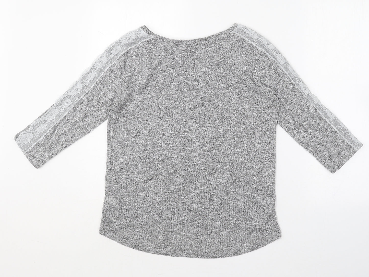 Dorothy Perkins Womens Grey  Polyester Basic T-Shirt Size 10 Round Neck - Lace sleeve