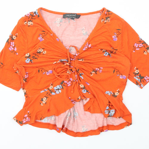 Primark Womens Orange Floral Polyester Basic T-Shirt Size 8 V-Neck
