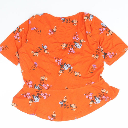 Primark Womens Orange Floral Polyester Basic T-Shirt Size 8 V-Neck
