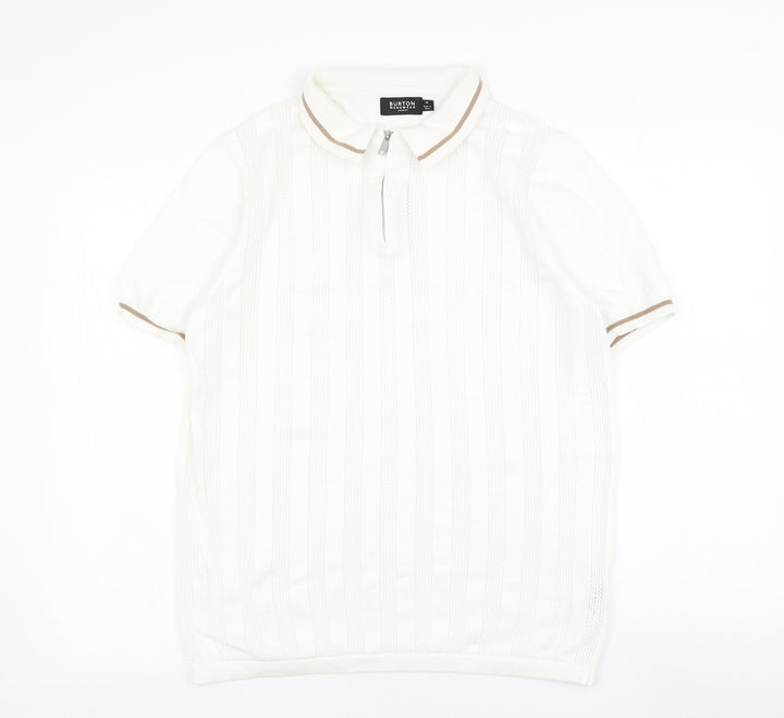 Burton Mens White Collared  Cotton Pullover Jumper Size M