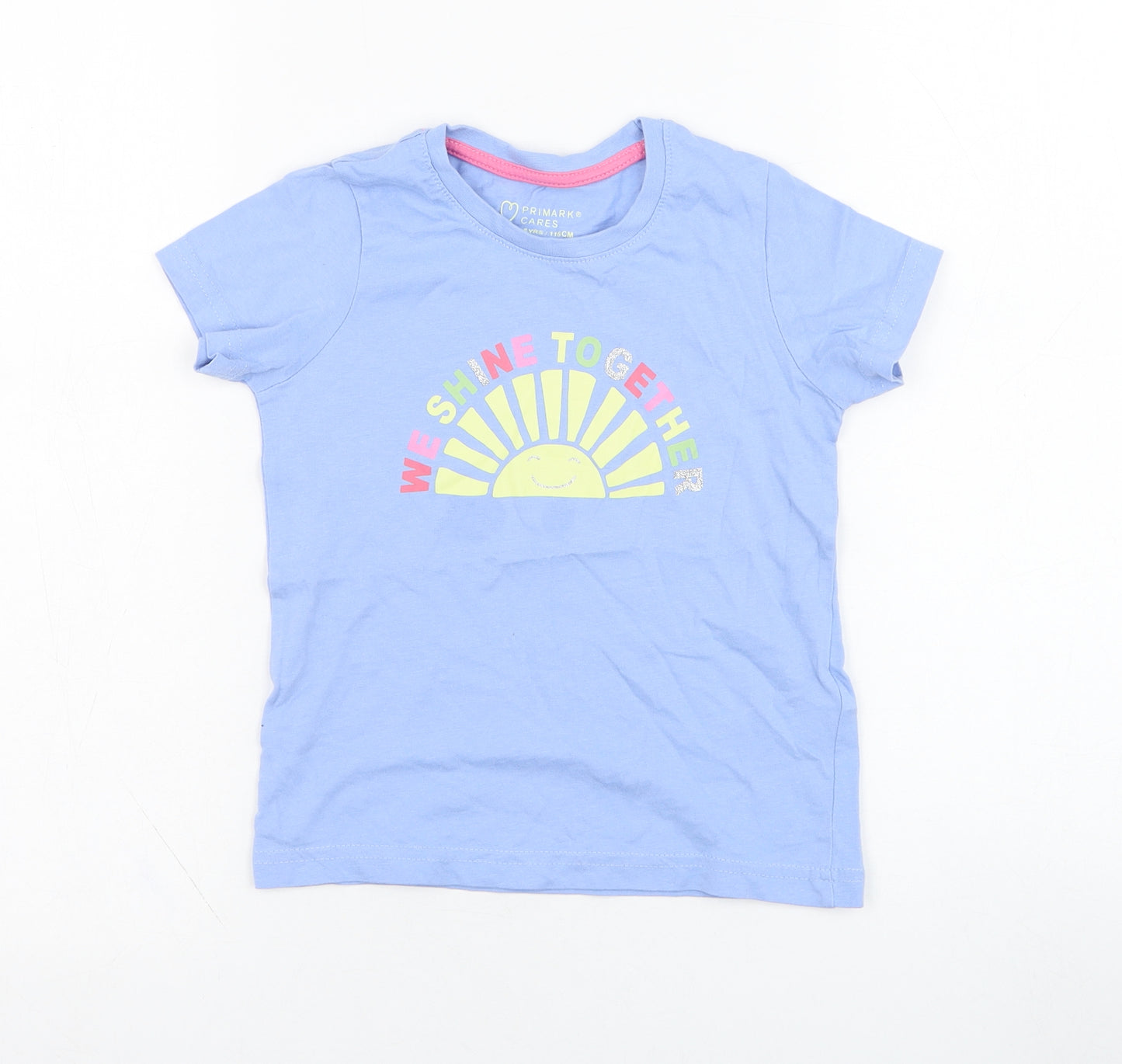 Primark Girls Blue  Cotton Basic T-Shirt Size 5-6 Years Round Neck Pullover - Slogan, Sun